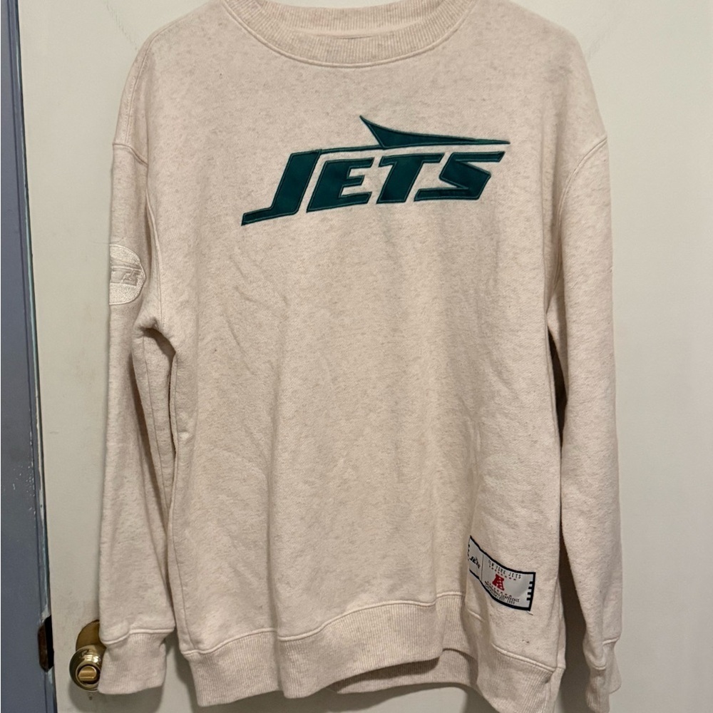 Men's New York Jets Antigua Khaki Victory Pullover Sweatshirt - Picture 3 of 6